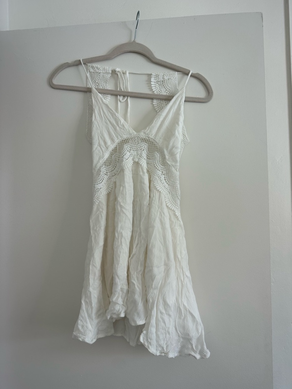 Lulu's White Crochet-Trim Spaghetti Strap Mini Dress